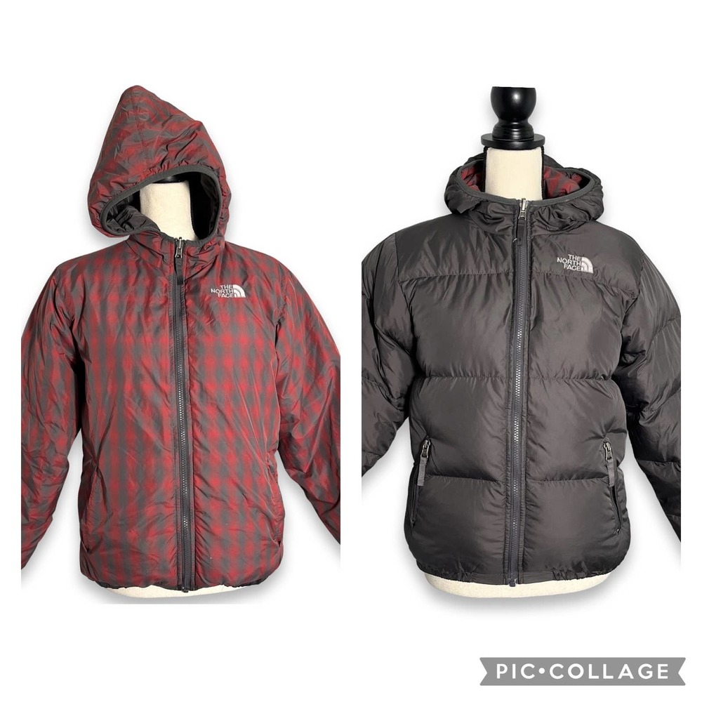 North Face boys 550 reversible hooded puffer jacket size large red and gray